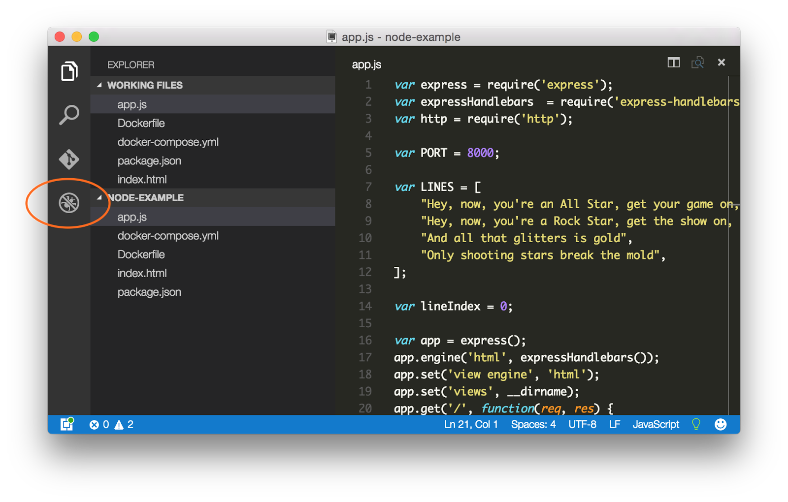 Image of Visual Studio Code with debugger icon highlighted Image of VS Code with debugger icon highlighted